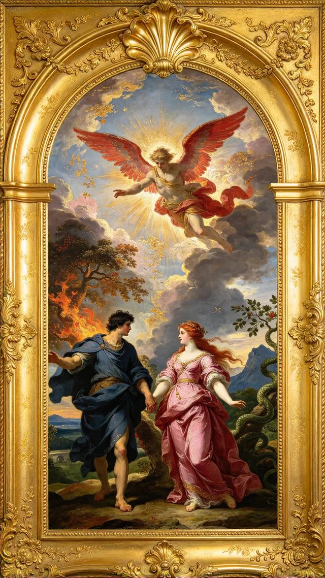The Lovers tarot card, painted in a Baroque ceiling style