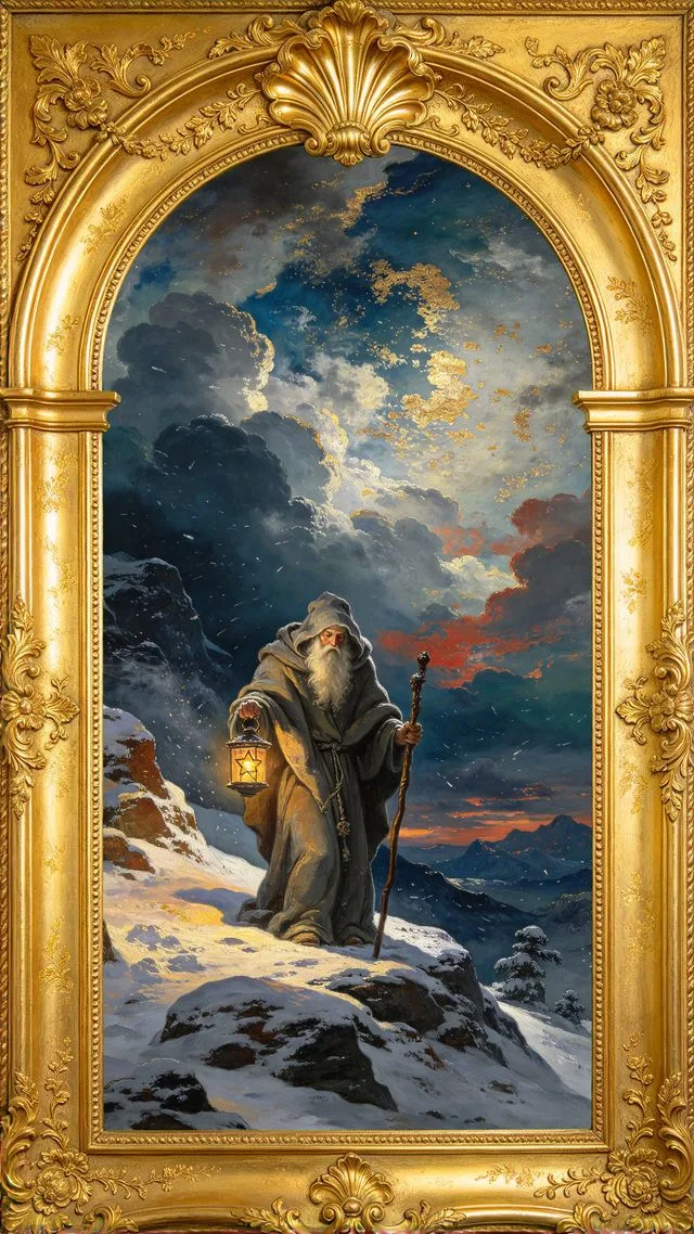 The Hermit tarot card, painted in a Baroque ceiling style