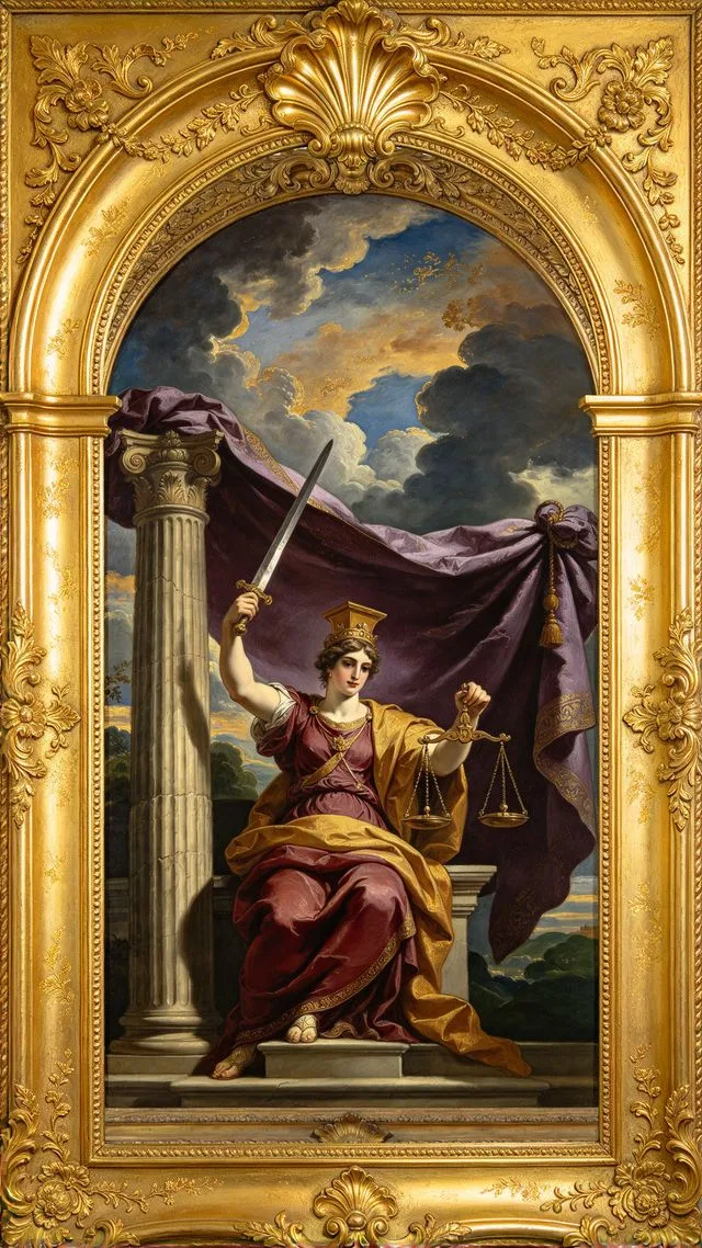 Justice tarot card, painted in a Baroque ceiling style