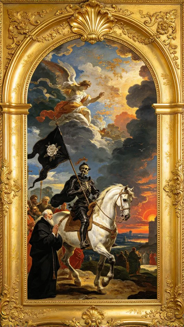 Death tarot card, painted in a Baroque ceiling style