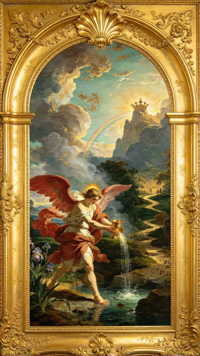 Temperance tarot card, painted in a Baroque ceiling style