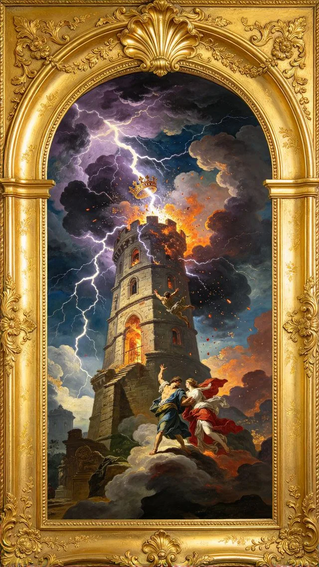 The Tower tarot card, painted in a Baroque ceiling style