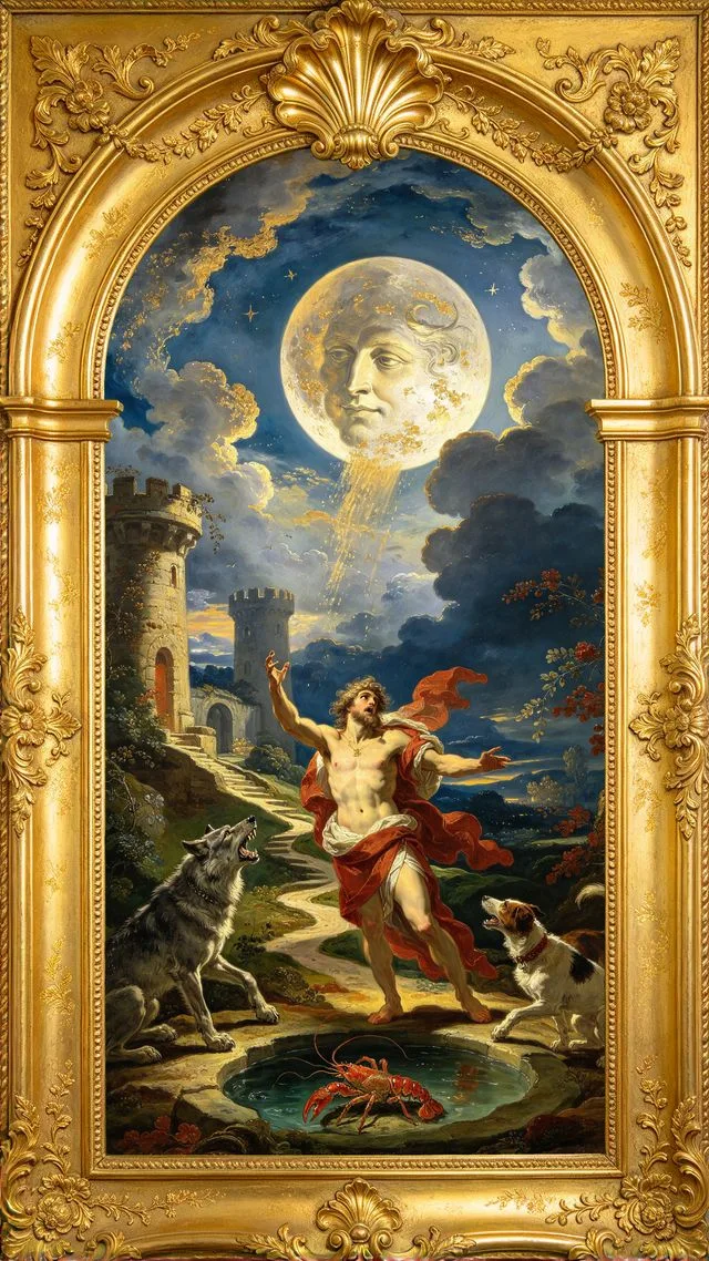 The Moon tarot card, painted in a Baroque ceiling style