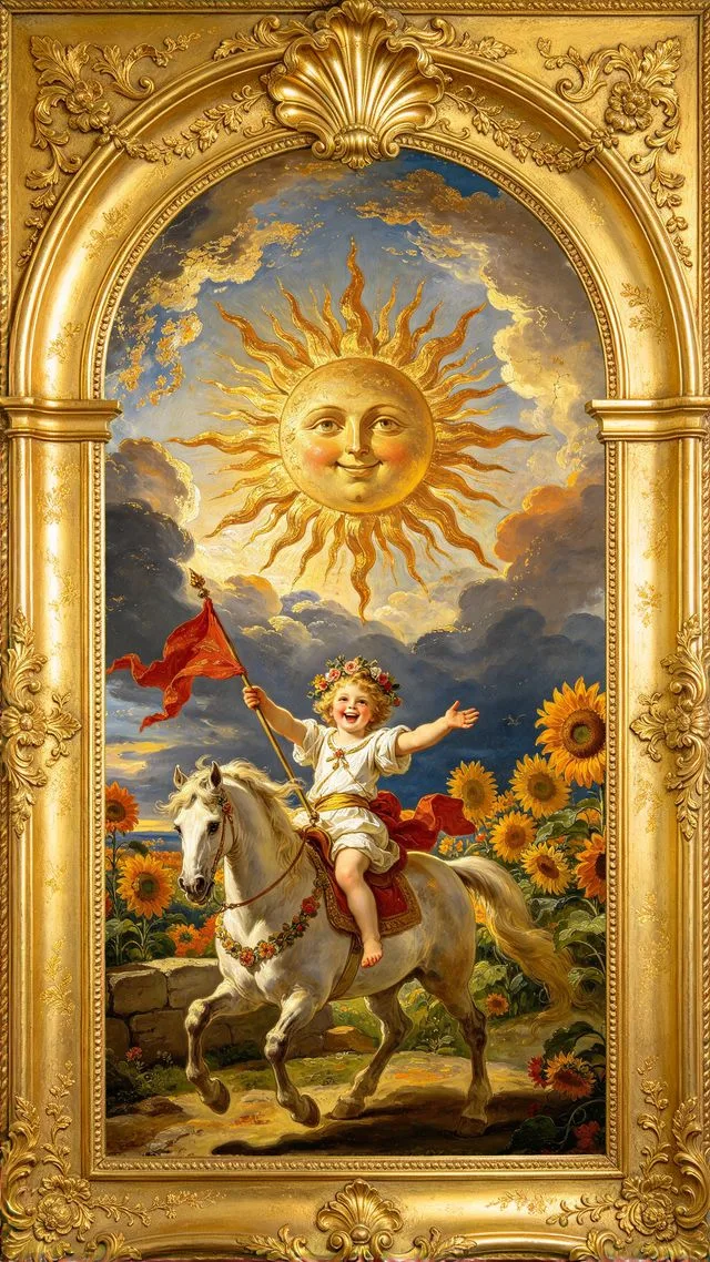 The Sun tarot card, painted in a Baroque ceiling style