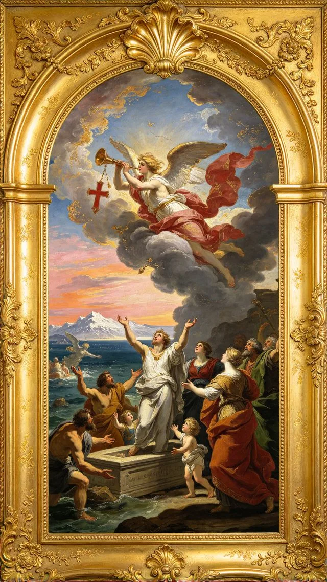 Judgement tarot card, painted in a Baroque ceiling style