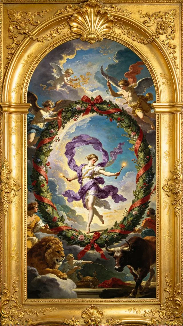 The World tarot card, painted in a Baroque ceiling style