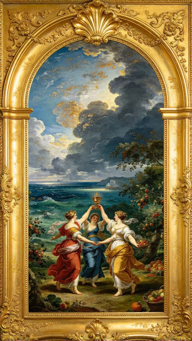 Three of Cups tarot card, painted in a Baroque ceiling style