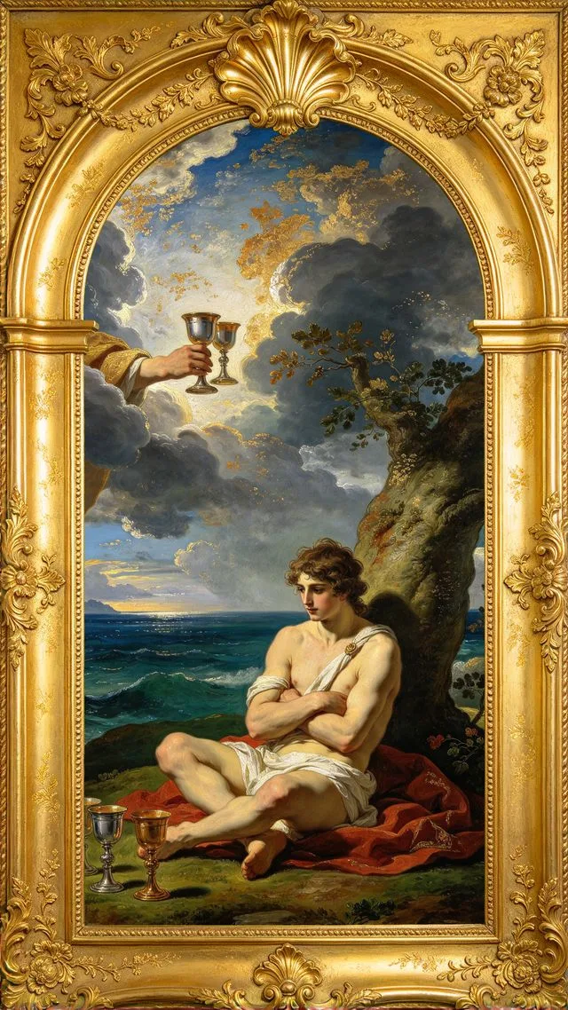 Four of Cups tarot card, painted in a Baroque ceiling style