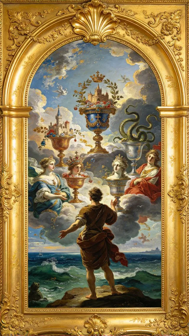 Seven of Cups tarot card, painted in a Baroque ceiling style