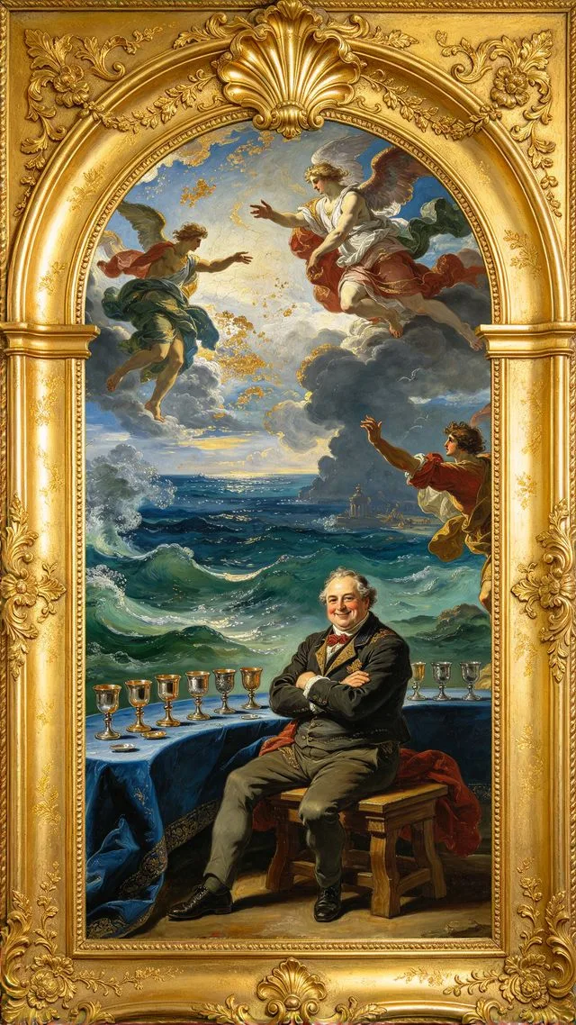 Nine of Cups tarot card, painted in a Baroque ceiling style