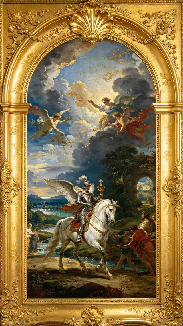 Knight of Cups tarot card, painted in a Baroque ceiling style