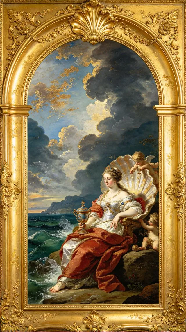 Queen of Cups tarot card, painted in a Baroque ceiling style