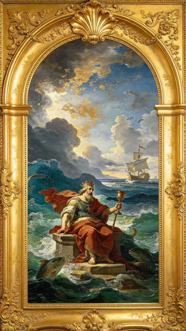 King of Cups tarot card, painted in a Baroque ceiling style