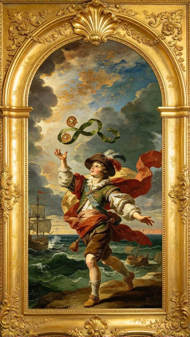 Two of Pentacles tarot card, painted in a Baroque ceiling style