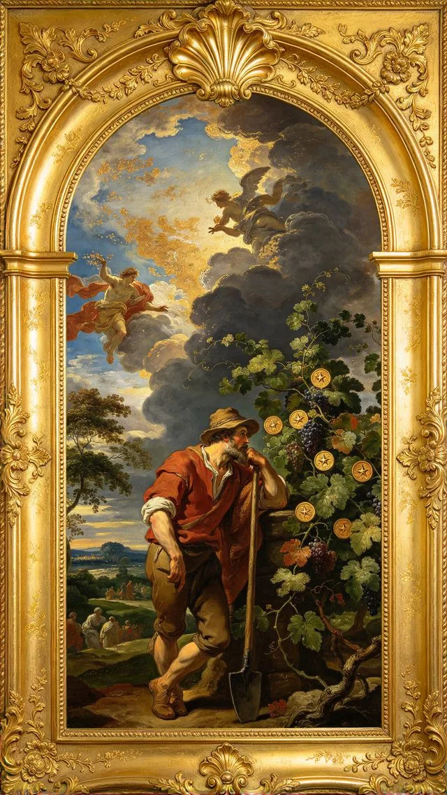 Seven of Pentacles tarot card, painted in a Baroque ceiling style