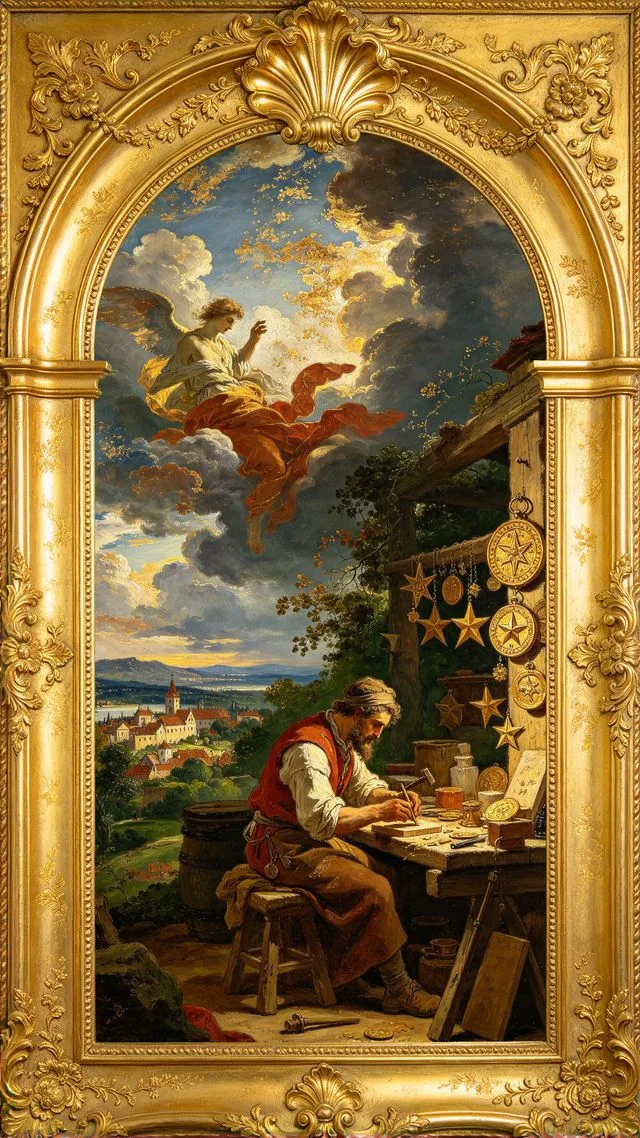 Eight of Pentacles tarot card, painted in a Baroque ceiling style