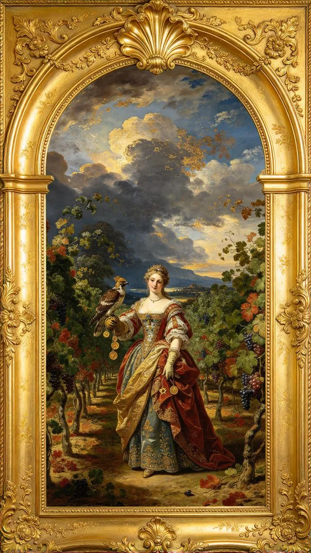 Nine of Pentacles tarot card, painted in a Baroque ceiling style