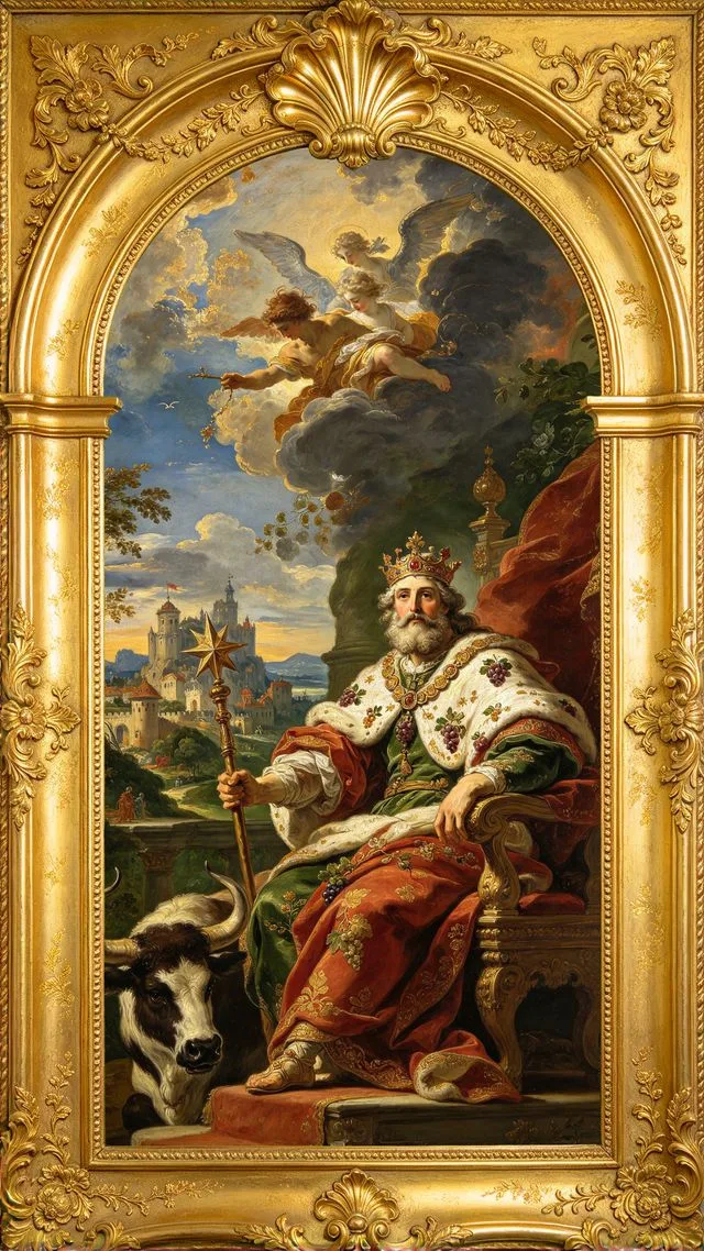 King of Pentacles tarot card, painted in a Baroque ceiling style