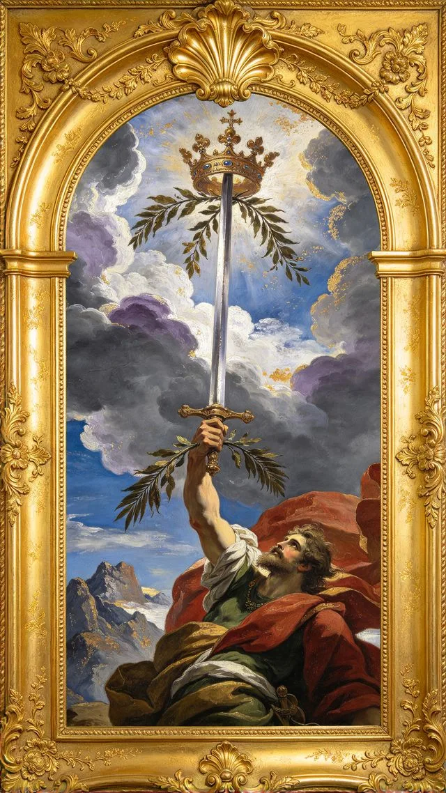 Ace of Swords tarot card, painted in a Baroque ceiling style