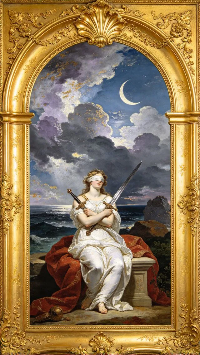 Two of Swords tarot card, painted in a Baroque ceiling style
