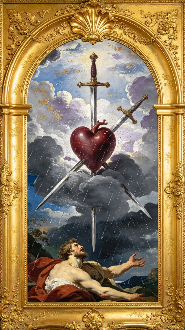 Three of Swords tarot card, painted in a Baroque ceiling style