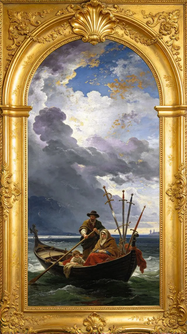 Six of Swords tarot card, painted in a Baroque ceiling style