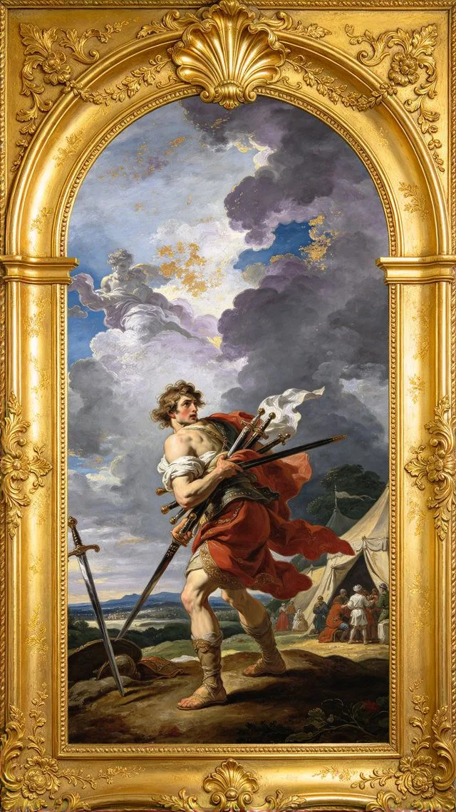 Seven of Swords tarot card, painted in a Baroque ceiling style