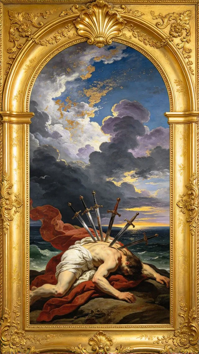 Ten of Swords tarot card, painted in a Baroque ceiling style