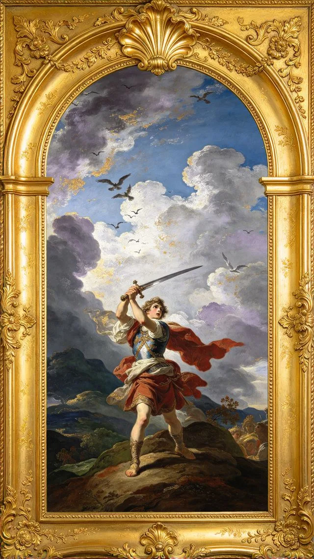 Page of Swords tarot card, painted in a Baroque ceiling style
