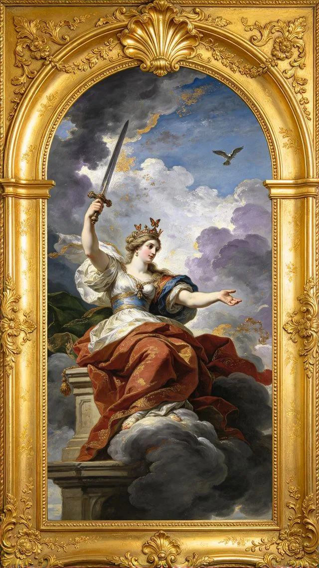 Queen of Swords tarot card, painted in a Baroque ceiling style