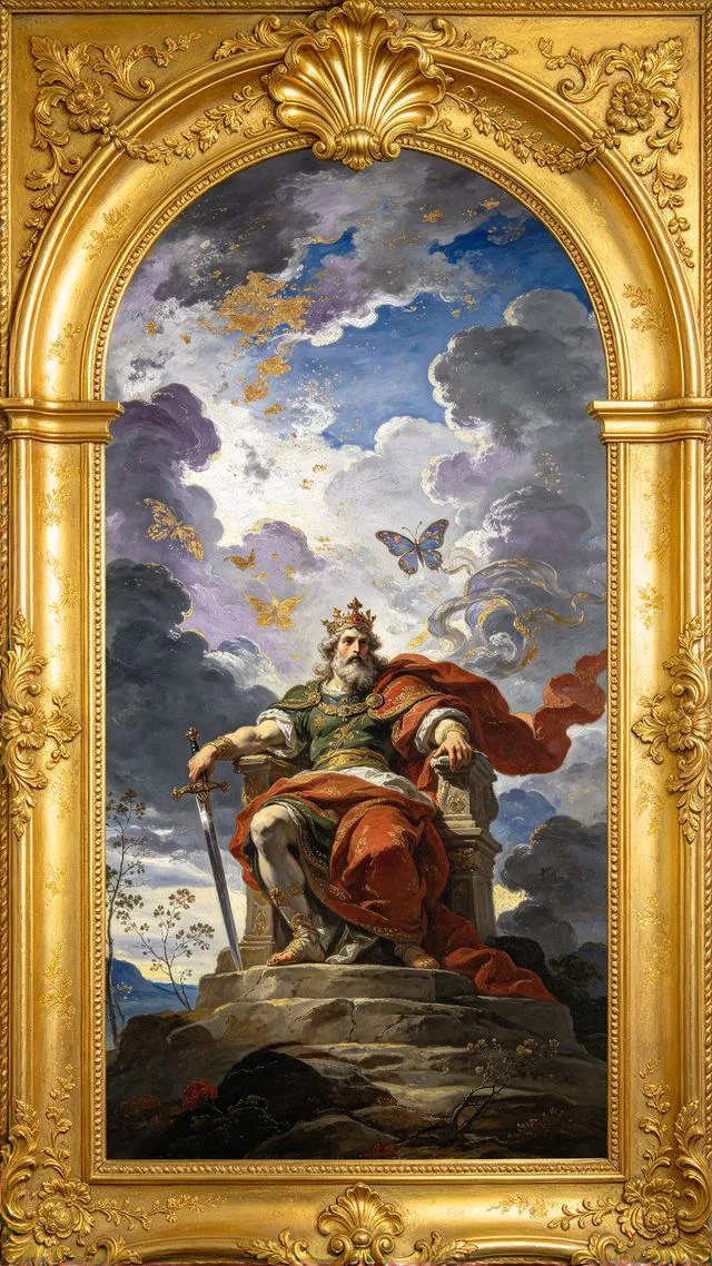 King of Swords tarot card, painted in a Baroque ceiling style