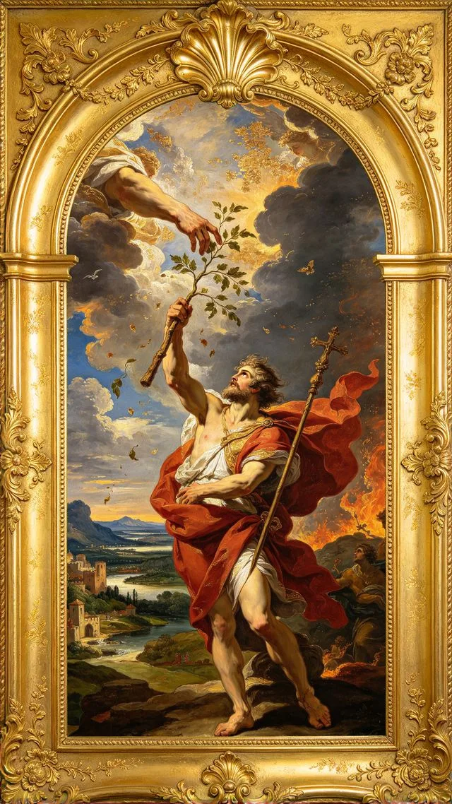 Ace of Wands tarot card, painted in a Baroque ceiling style