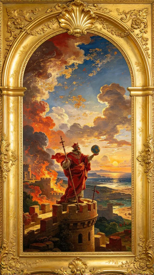 Two of Wands tarot card, painted in a Baroque ceiling style