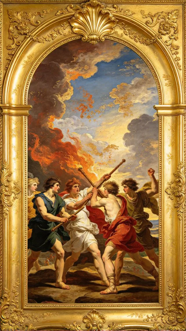 Five of Wands tarot card, painted in a Baroque ceiling style