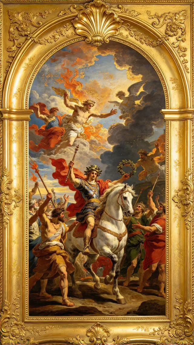 Six of Wands tarot card, painted in a Baroque ceiling style