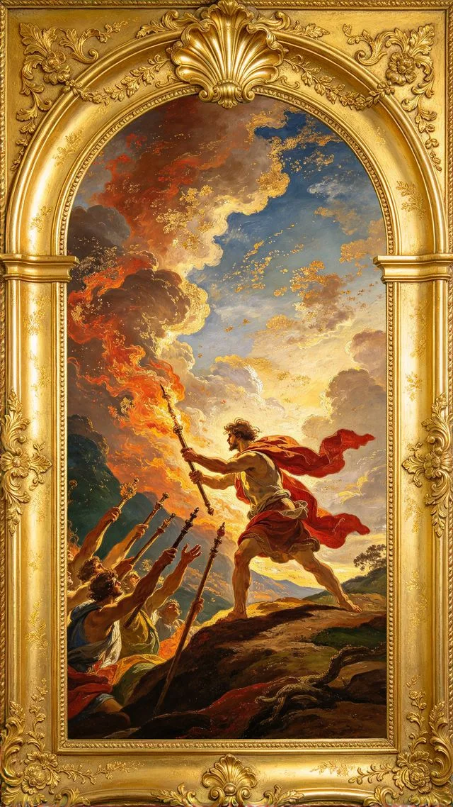 Seven of Wands tarot card, painted in a Baroque ceiling style