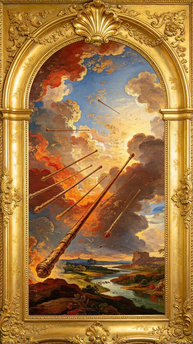 Eight of Wands tarot card, painted in a Baroque ceiling style