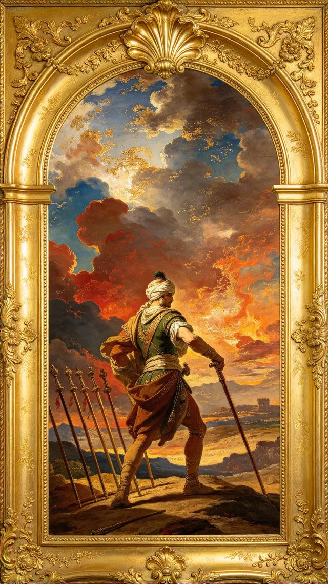 Nine of Wands tarot card, painted in a Baroque ceiling style