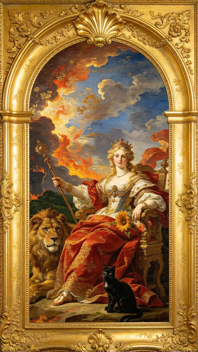 Queen of Wands tarot card, painted in a Baroque ceiling style
