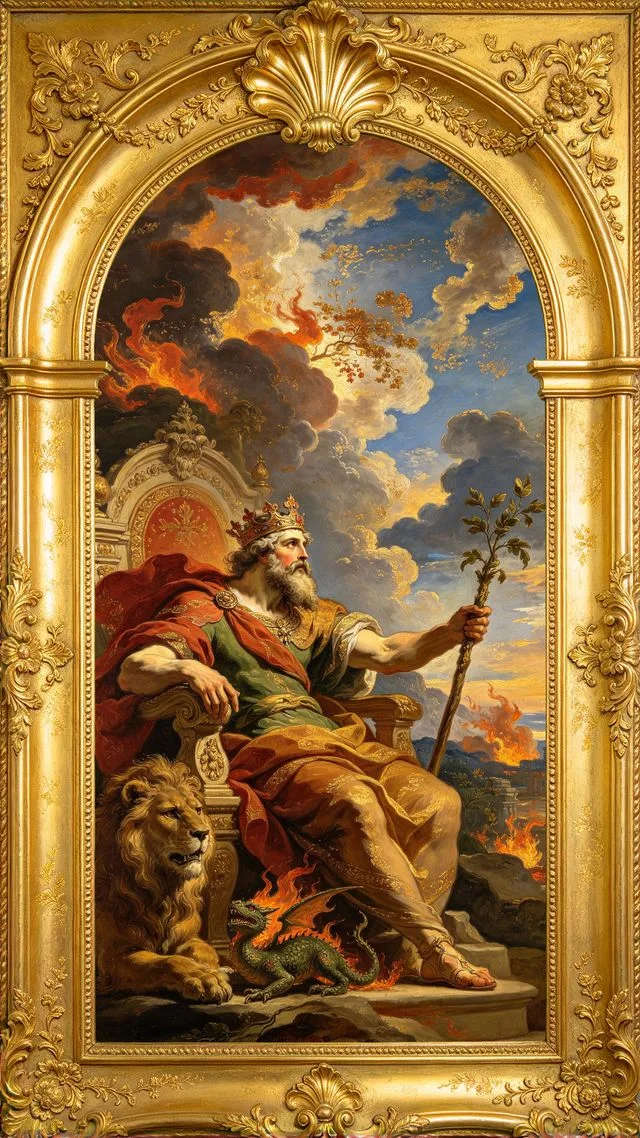 King of Wands tarot card, painted in a Baroque ceiling style