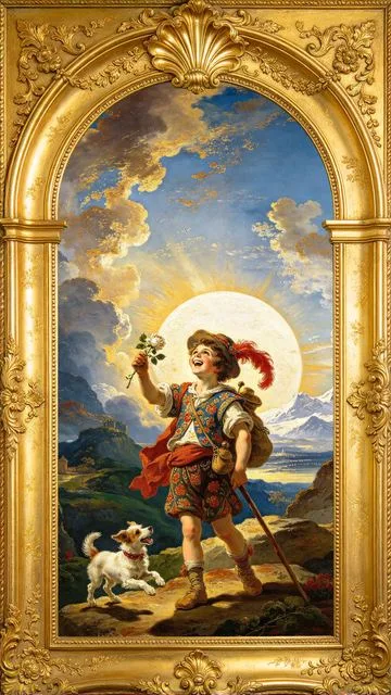 The Fool tarot card, painted in a Baroque ceiling style