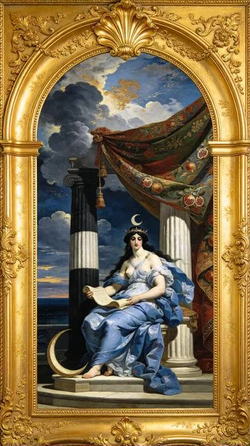 The High Priestess tarot card, painted in a Baroque ceiling style
