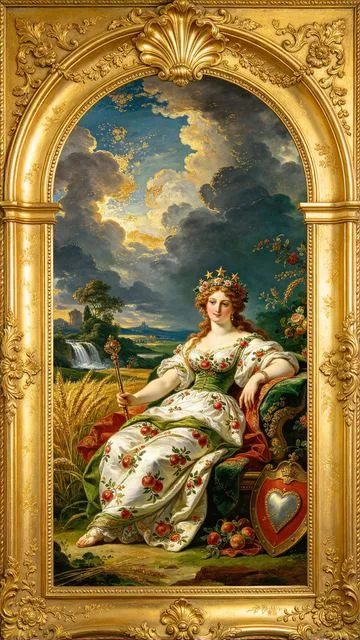 The Empress tarot card, painted in a Baroque ceiling style