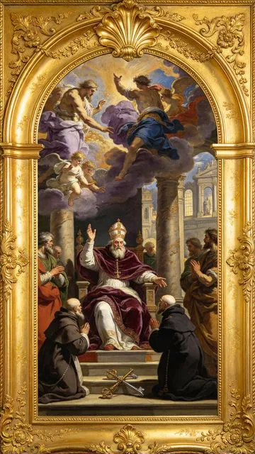 The Hierophant tarot card, painted in a Baroque ceiling style