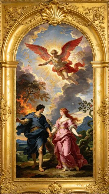 The Lovers tarot card, painted in a Baroque ceiling style