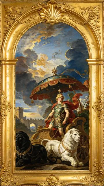 The Chariot tarot card, painted in a Baroque ceiling style