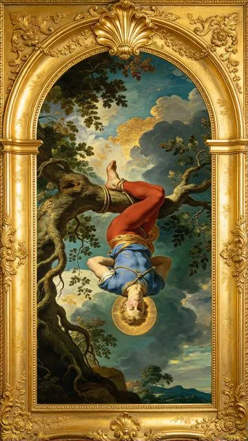 The Hanged Man tarot card, painted in a Baroque ceiling style