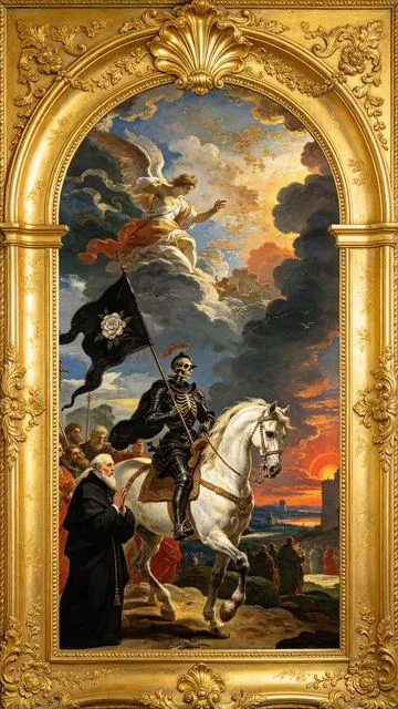 Death tarot card, painted in a Baroque ceiling style