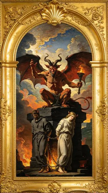 The Devil tarot card, painted in a Baroque ceiling style