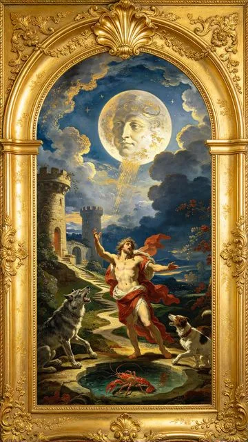 The Moon tarot card, painted in a Baroque ceiling style